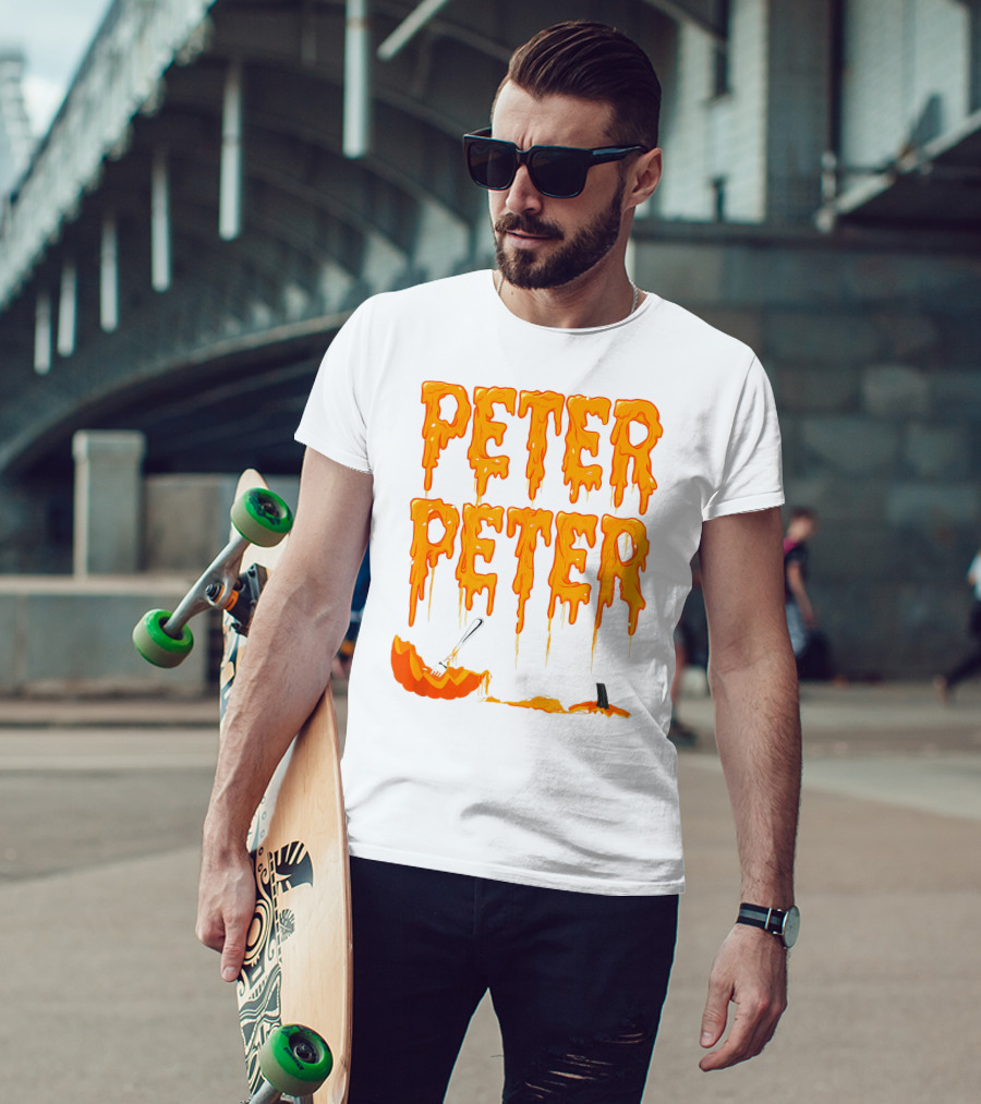 Peter Peter Pumpkin Eater Dripping Orange Text With Fork In Pumpkin T-Shirt