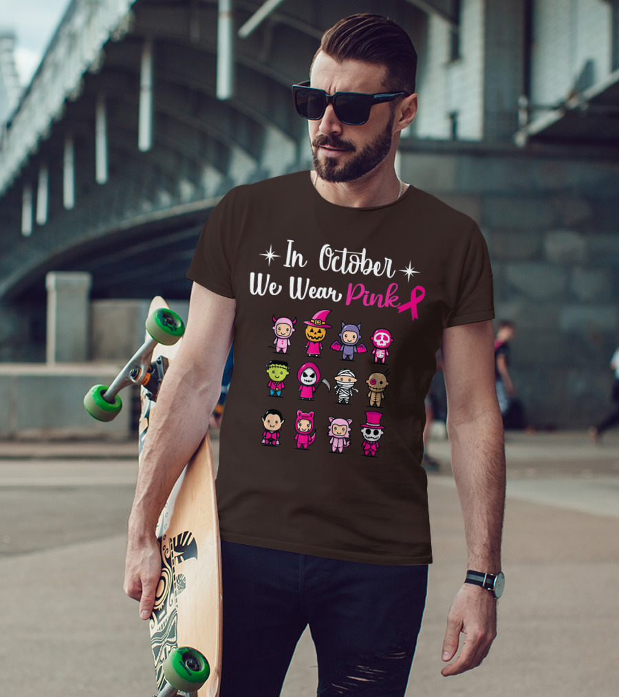 In October We Wear Pink Breast Cancer Awareness Halloween Characters T-Shirt