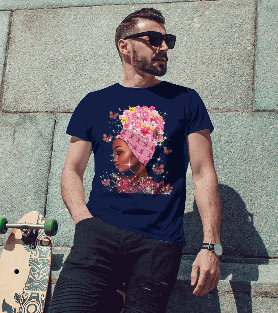 In October We Wear Pink Black Flowers Butterflies Ribbons T-Shirt