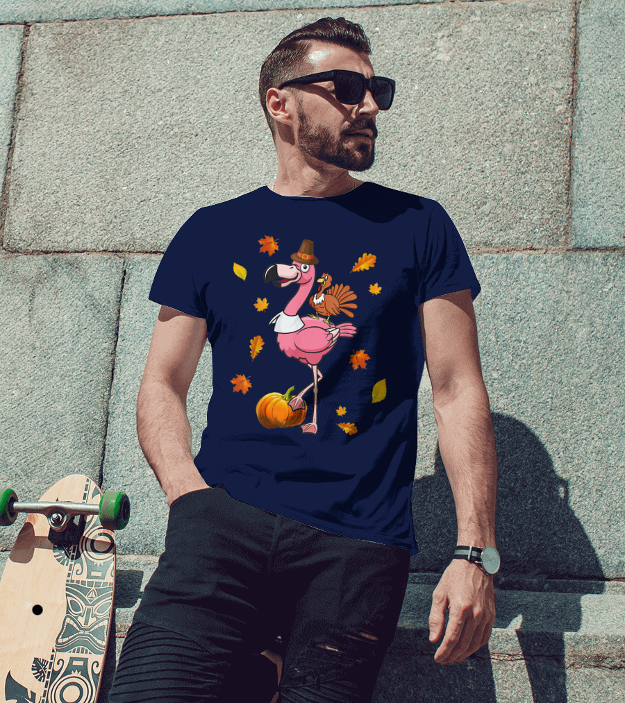 Thanksgiving Flamingo Pilgrim And Turkey With Autumn Leaves And Pumpkin T-Shirt