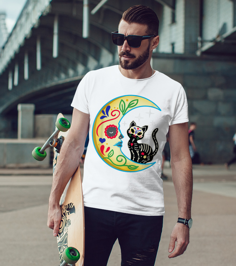 Cat And Moon Sugar Skull Dia De Los Muertos Day Of The Dead Mexican Festival T-Shirt
