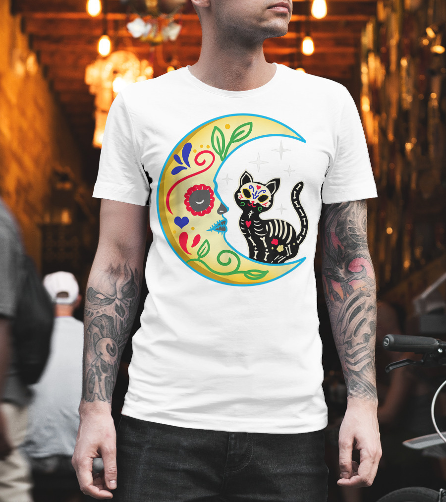 Cat and Moon Sugar Skull Dia de Los Muertos Day of the Dead Mexican Festival T-Shirt