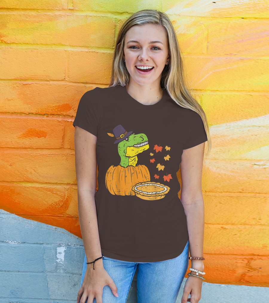 Pilgrim Trex Dinosaur Pumpkin Leaves Pie T-Shirt