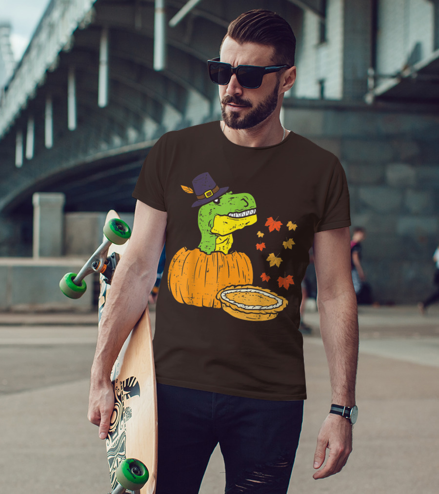 Pilgrim Trex Dinosaur Pumpkin Leaves Pie T-Shirt