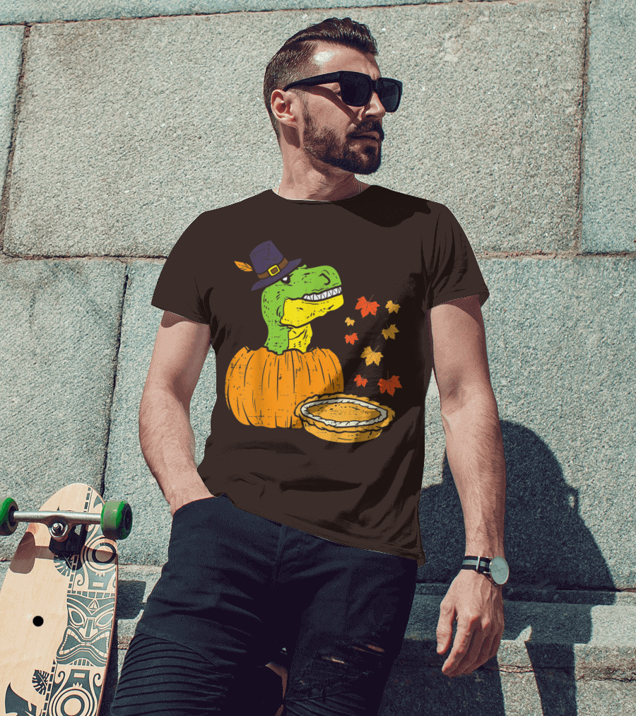 Pilgrim Trex Dinosaur Pumpkin Leaves Pie T-Shirt