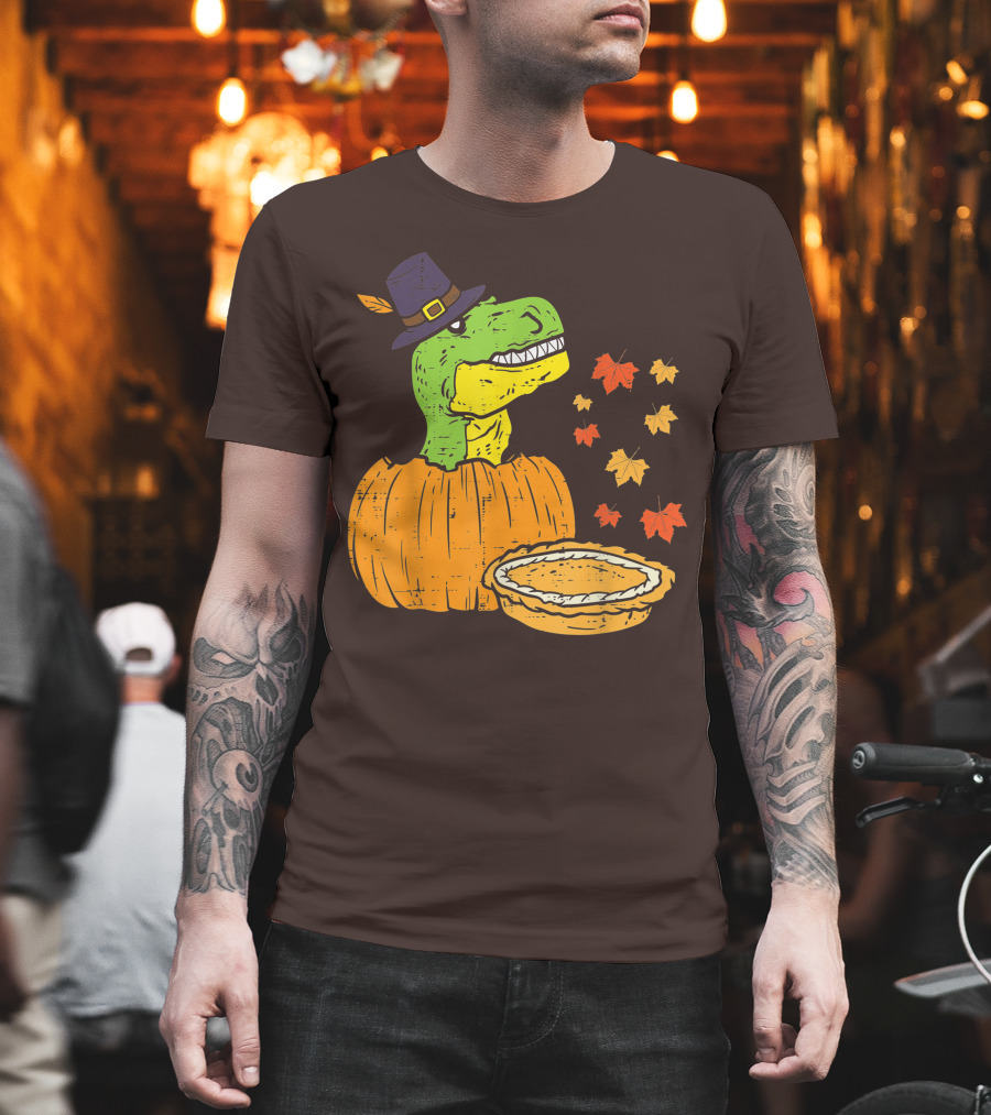 Pilgrim Trex Dinosaur Pumpkin Leaves Pie T-Shirt