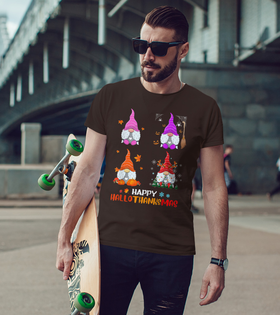 Happy Hallothanksmas Gnome Halloween Thanksgiving Christmas T-Shirt