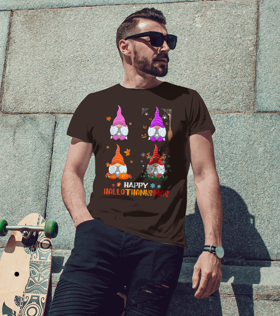 Happy Hallothanksmas Gnome Halloween Thanksgiving Christmas T-Shirt