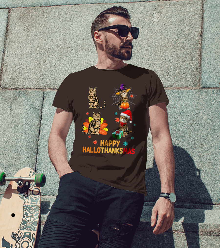 Happy Hallothanksmas Cats With Pumpkin, Autumn Leaves, Santa Hat, And Gift T-Shirt