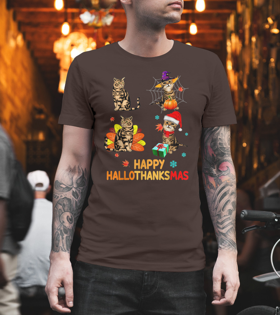 Happy Hallothanksmas Cats with Pumpkin, Autumn Leaves, Santa Hat, and Gift T-Shirt