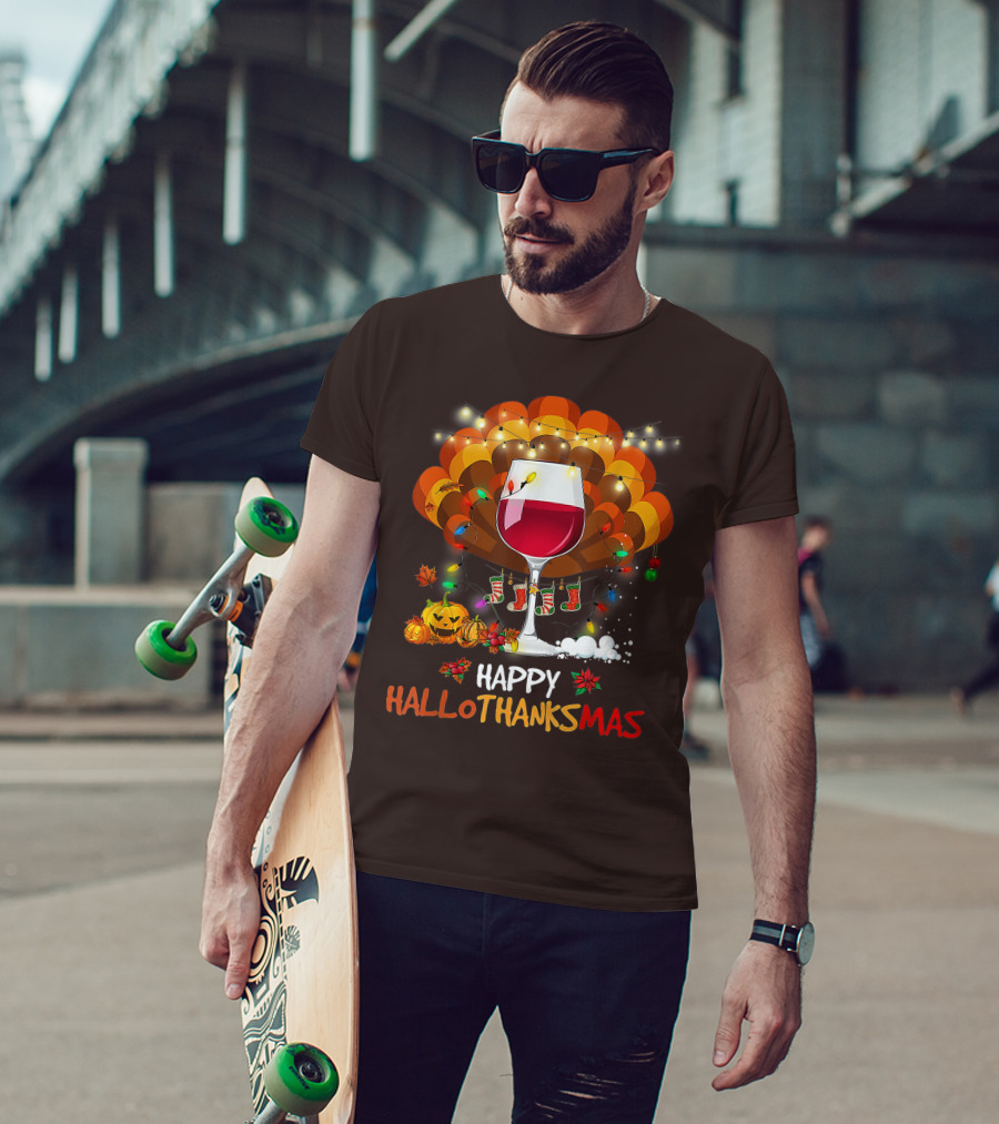 Happy Hallothanksmas Wine Glass Thanksgiving Funny Wine T-Shirt