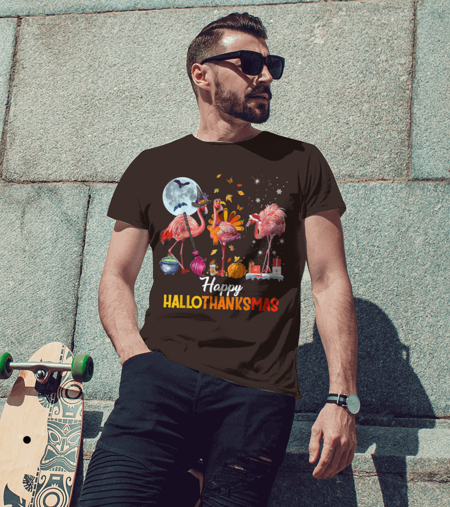 Happy Hallothanksmas Flamingo Halloween Merry Christmas T-Shirt