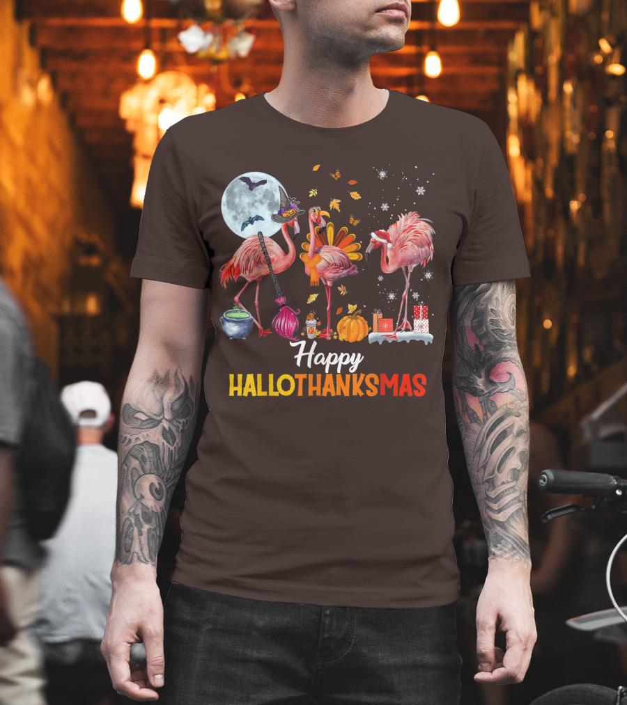 Happy Hallothanksmas Flamingo Halloween Merry Christmas T-Shirt