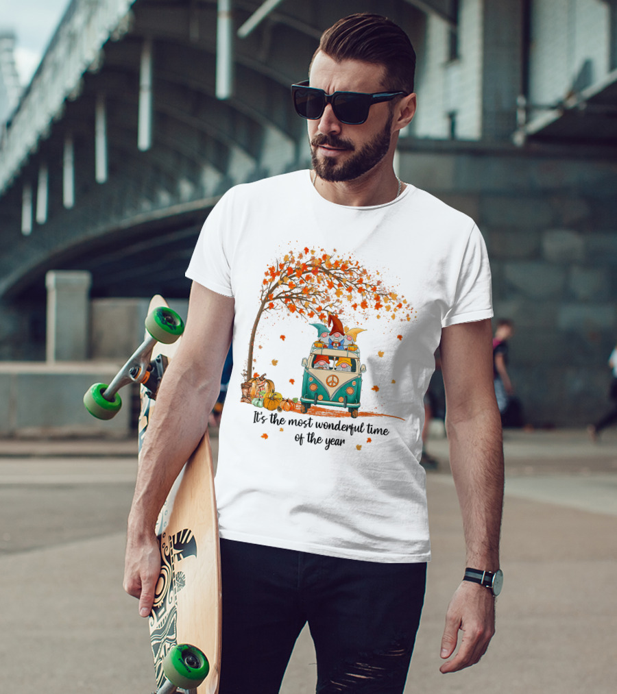 It's The Most Wonderful Time Of The Year Gnomes Autumn Fall In A Van With Pumpkins And Leaves T-Shirt