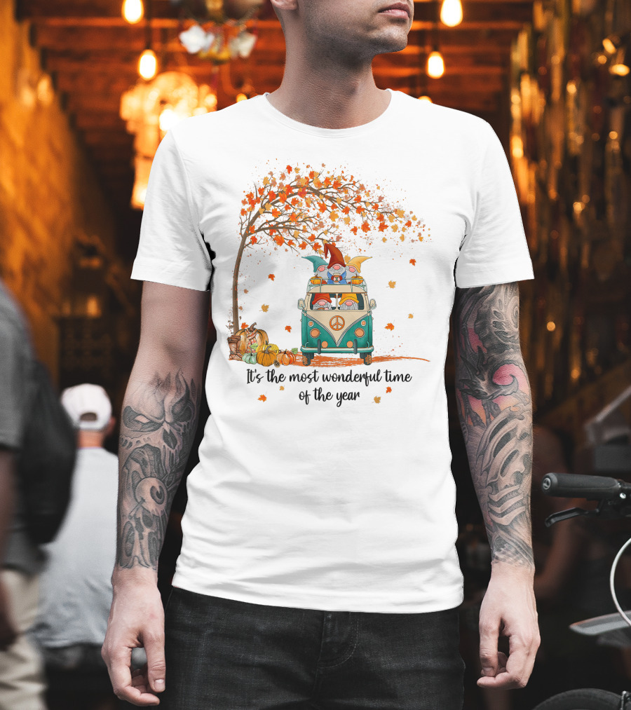 It's The Most Wonderful Time Of The Year Gnomes Autumn Fall in a Van With Pumpkins and Leaves T-Shirt