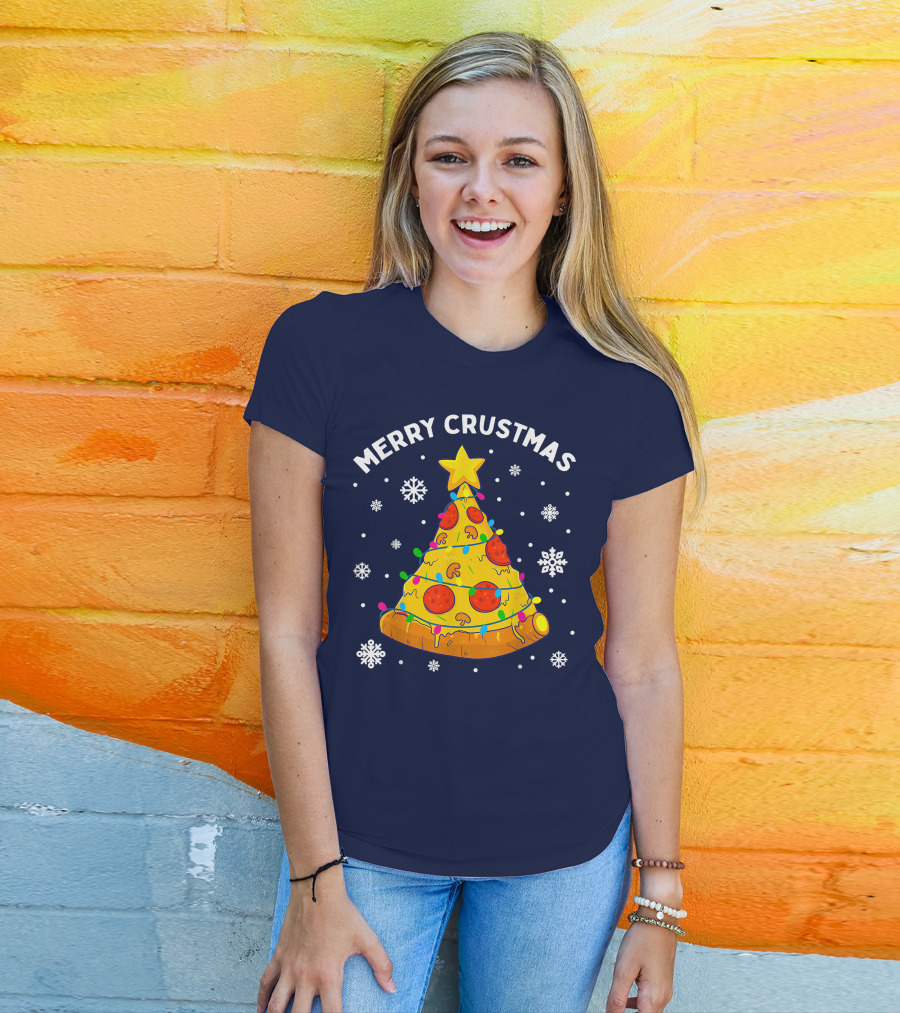 Merry Crustmas Pizza Christmas Tree With Cheese Garland And Snowflakes T-Shirt