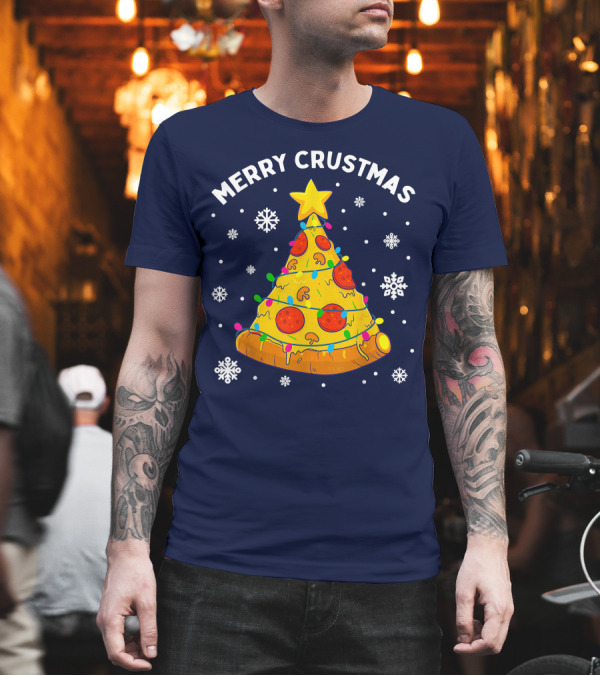 Merry Crustmas Pizza Christmas Tree with Cheese Garland and Snowflakes T-Shirt Merry Crustmas Pizza Christmas Tree with Cheese Garland and Snowflakes T-Shirt