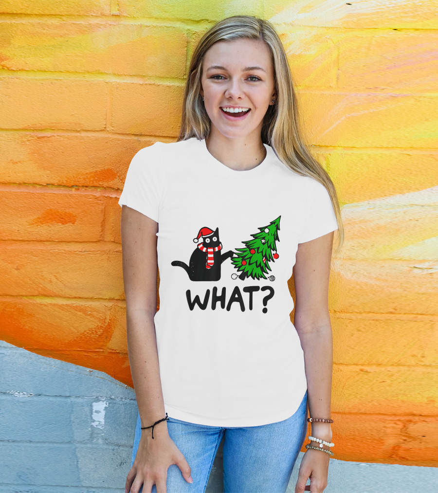 Funny Black Cat Santa Hat Pushing Over Christmas Tree What T-Shirt