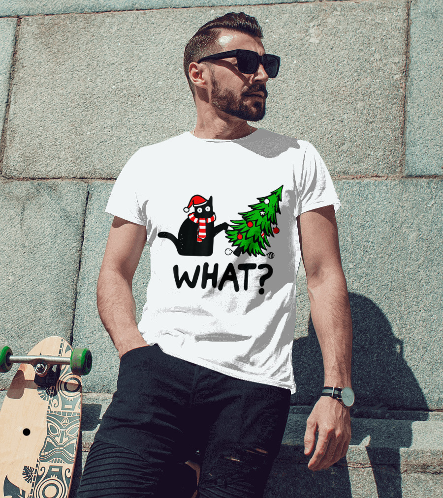 Funny Black Cat Santa Hat Pushing Over Christmas Tree What T-Shirt