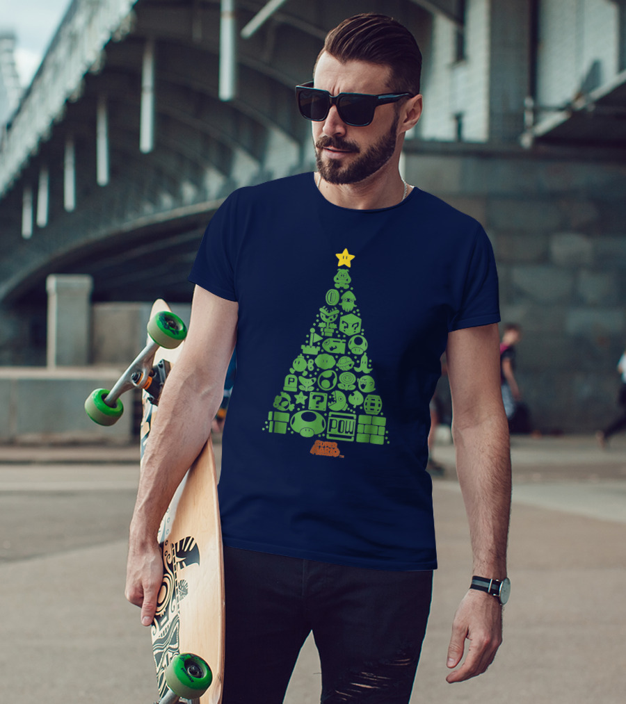 Super Mario Green Icon Christmas Tree With Star And Blocks T-Shirt