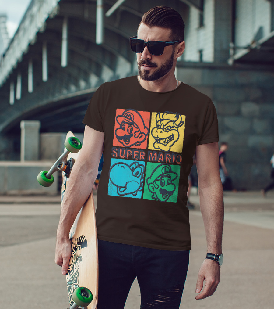 Super Mario Bowser Yoshi Luigi Distressed Square Group Shot T-Shirt