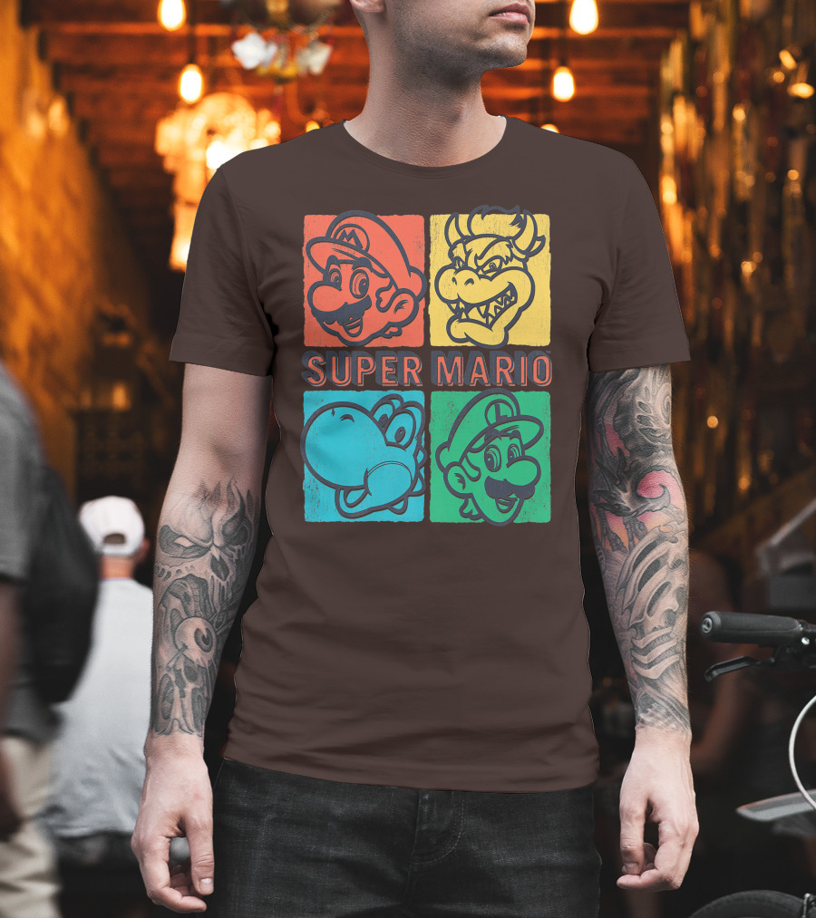 Super Mario Bowser Yoshi Luigi Distressed Square Group Shot T-Shirt
