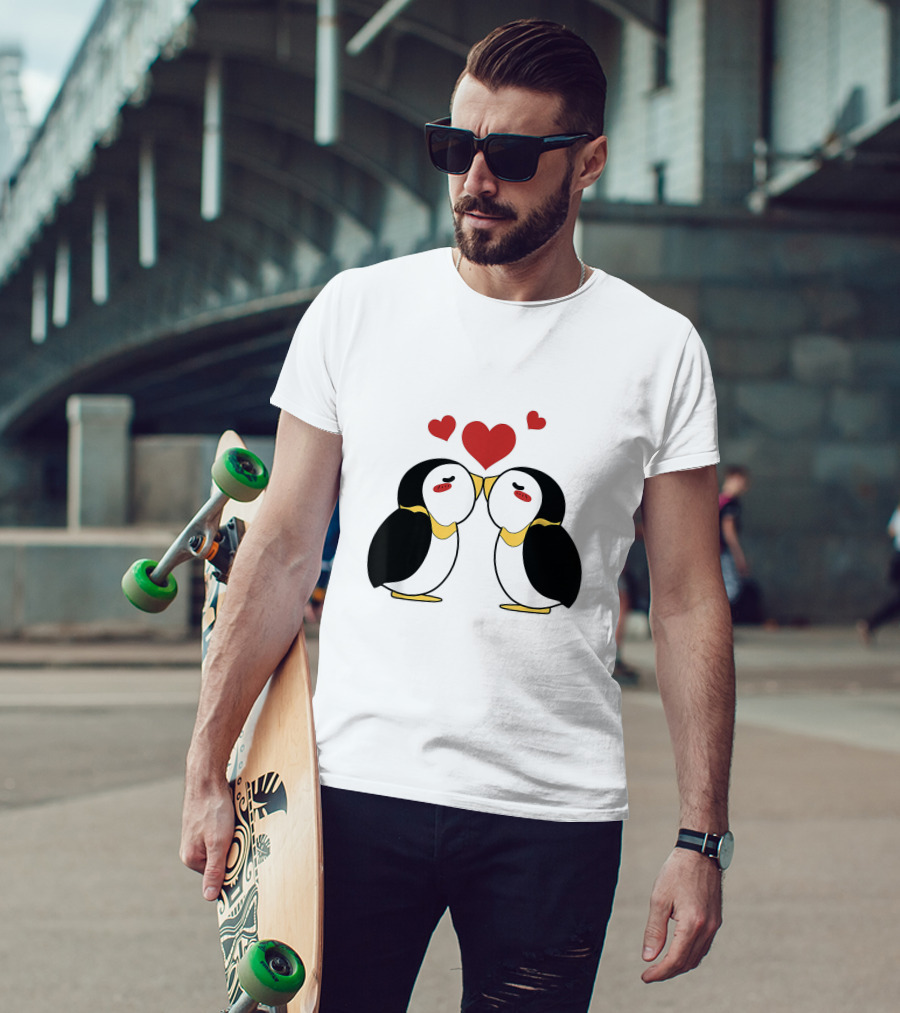 Cute Penguin Lovers Kissing With Hearts Above T-Shirt