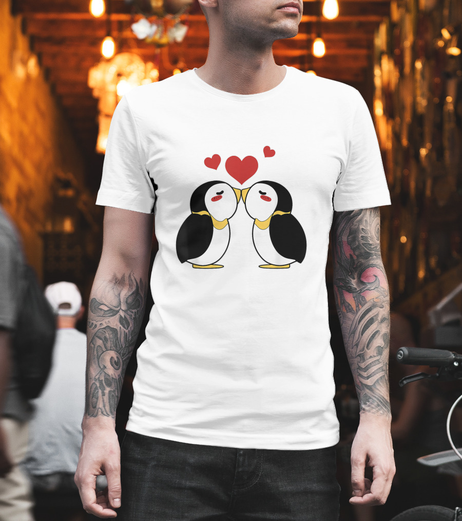Cute Penguin Lovers Kissing with Hearts Above T-Shirt