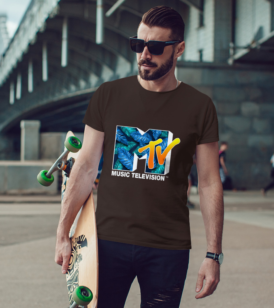 MTV Music Television Blue Green Tropical Leaf Fill T-Shirt