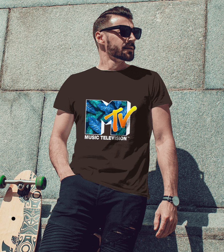 MTV Music Television Blue Green Tropical Leaf Fill T-Shirt