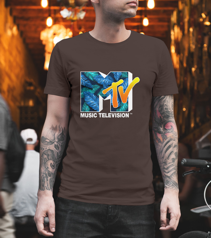 MTV Music Television Blue Green Tropical Leaf Fill T-Shirt