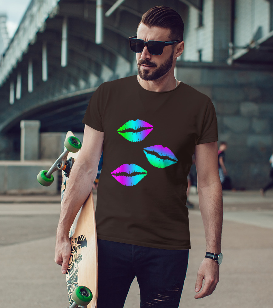 Funky Bright Neon Colours 80s Lipstick Rainbow Kiss Prints T-Shirt