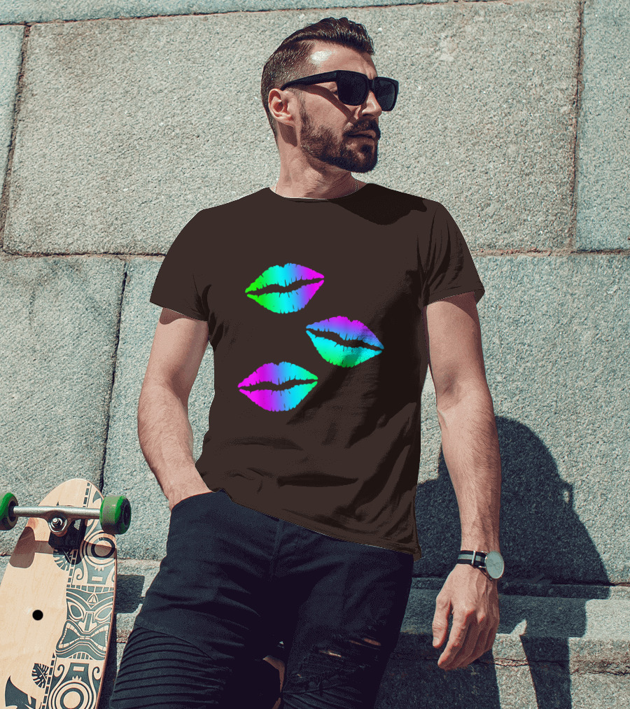 Funky Bright Neon Colours 80s Lipstick Rainbow Kiss Prints T-Shirt