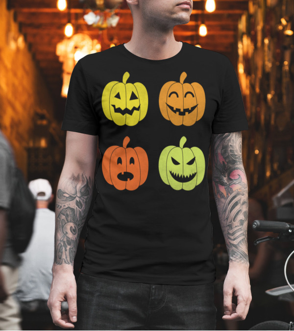 Vibrant Halloween Pumpkin Faces with Spooky Expressions T-Shirt Vibrant Halloween Pumpkin Faces with Spooky Expressions T-Shirt