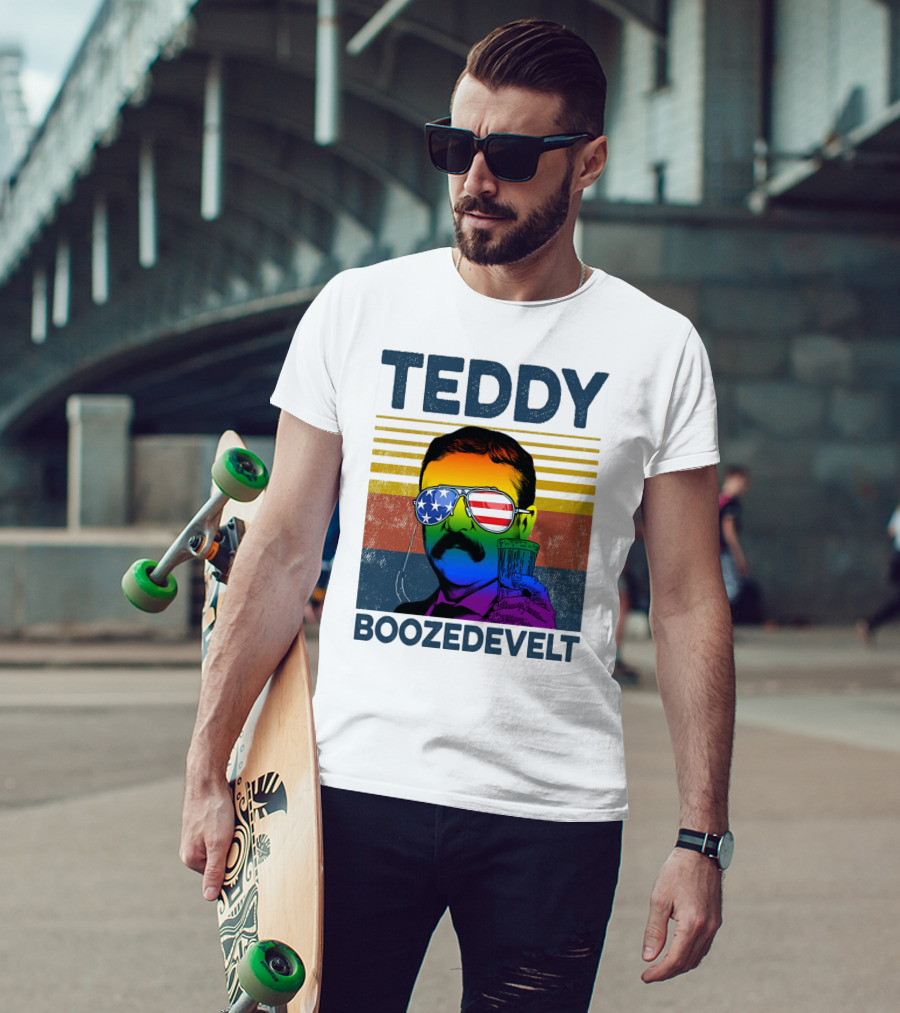Teddy Boozedvelt Rainbow American Flag Sunglasses Beer Drink T-Shirt