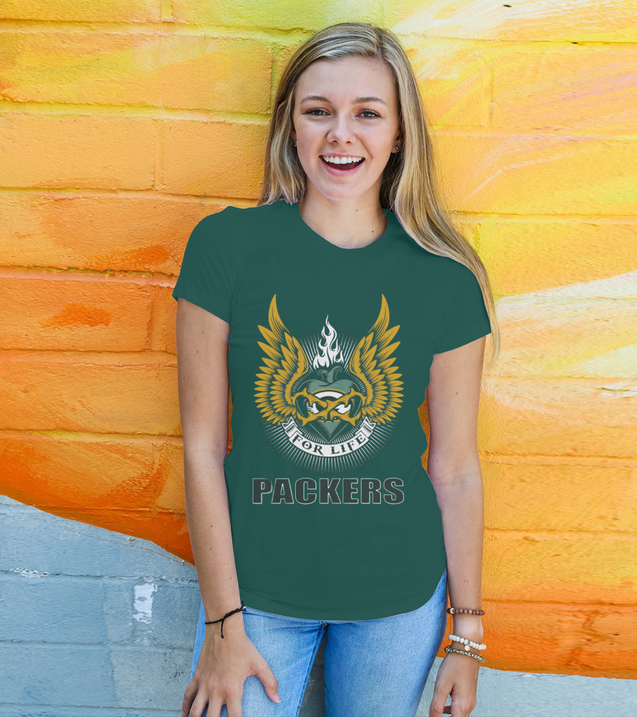 Packers For Life Green Bay Packers Emblem With Wings And Flame T-Shirt