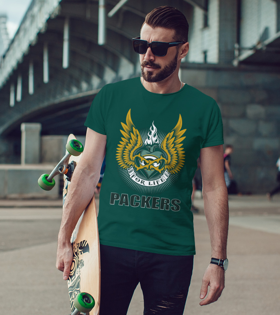 Packers For Life Green Bay Packers Emblem With Wings And Flame T-Shirt
