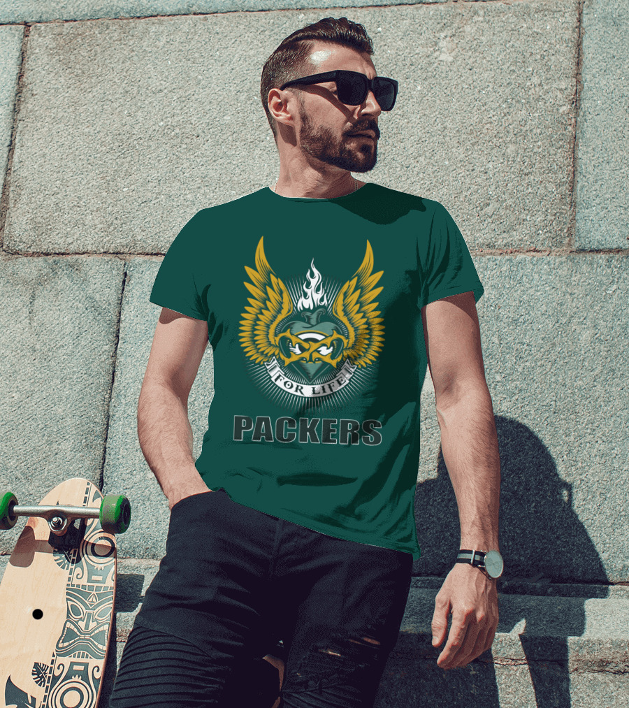 Packers For Life Green Bay Packers Emblem With Wings And Flame T-Shirt