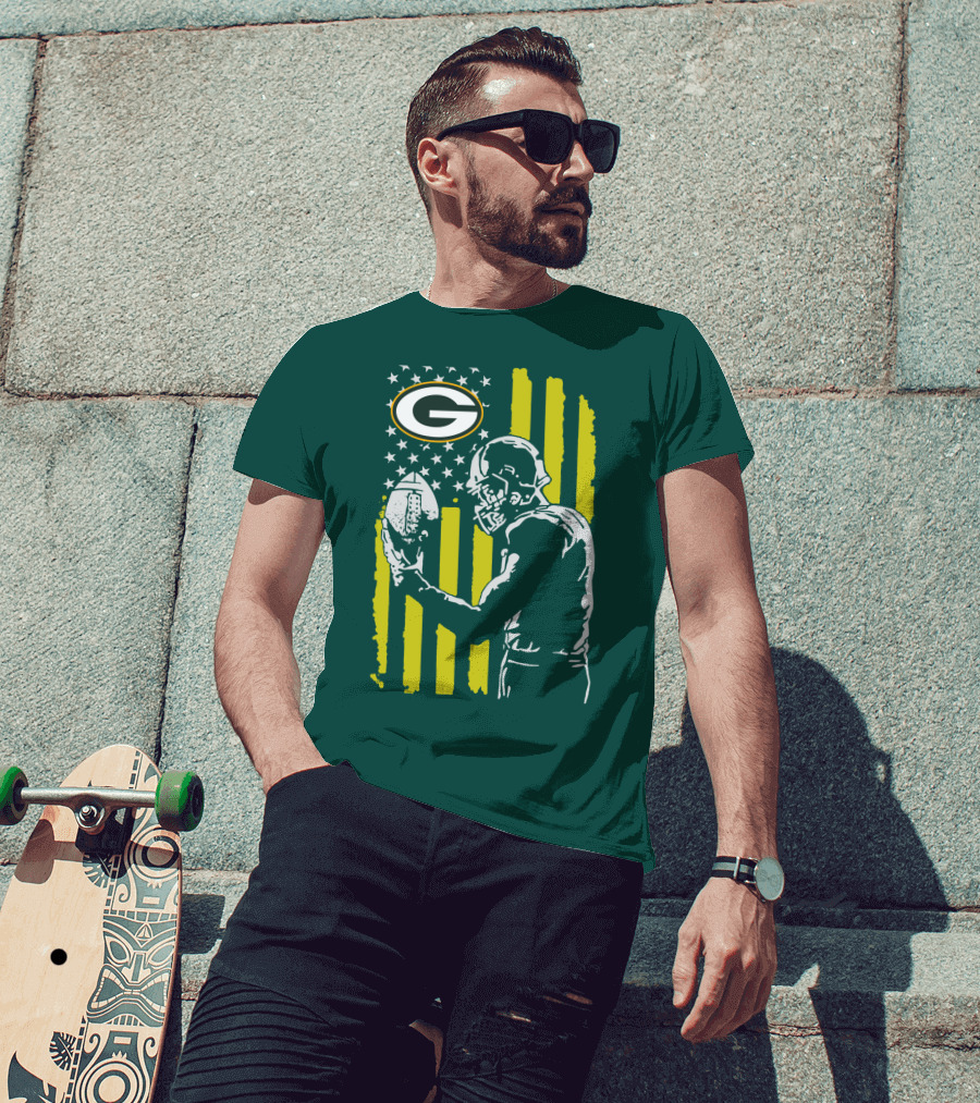 Green Bay Packers Logo And Football Player With American Flag T-Shirt