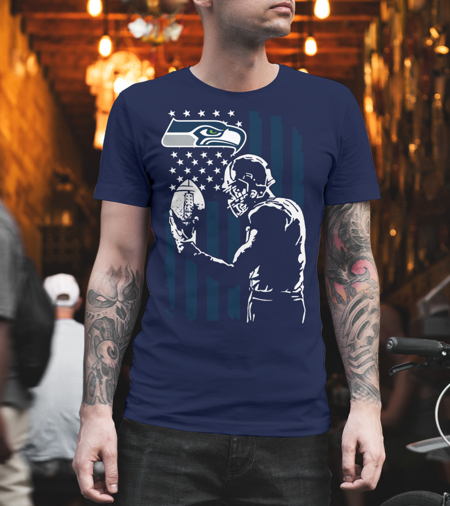 Seattle Seahawks Football Player Stars Stripes Helmet T-Shirt