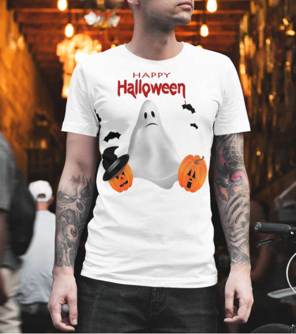 Happy Halloween Ghost with Pumpkin Faces and Bats T-Shirt Happy Halloween Ghost with Pumpkin Faces and Bats T-Shirt