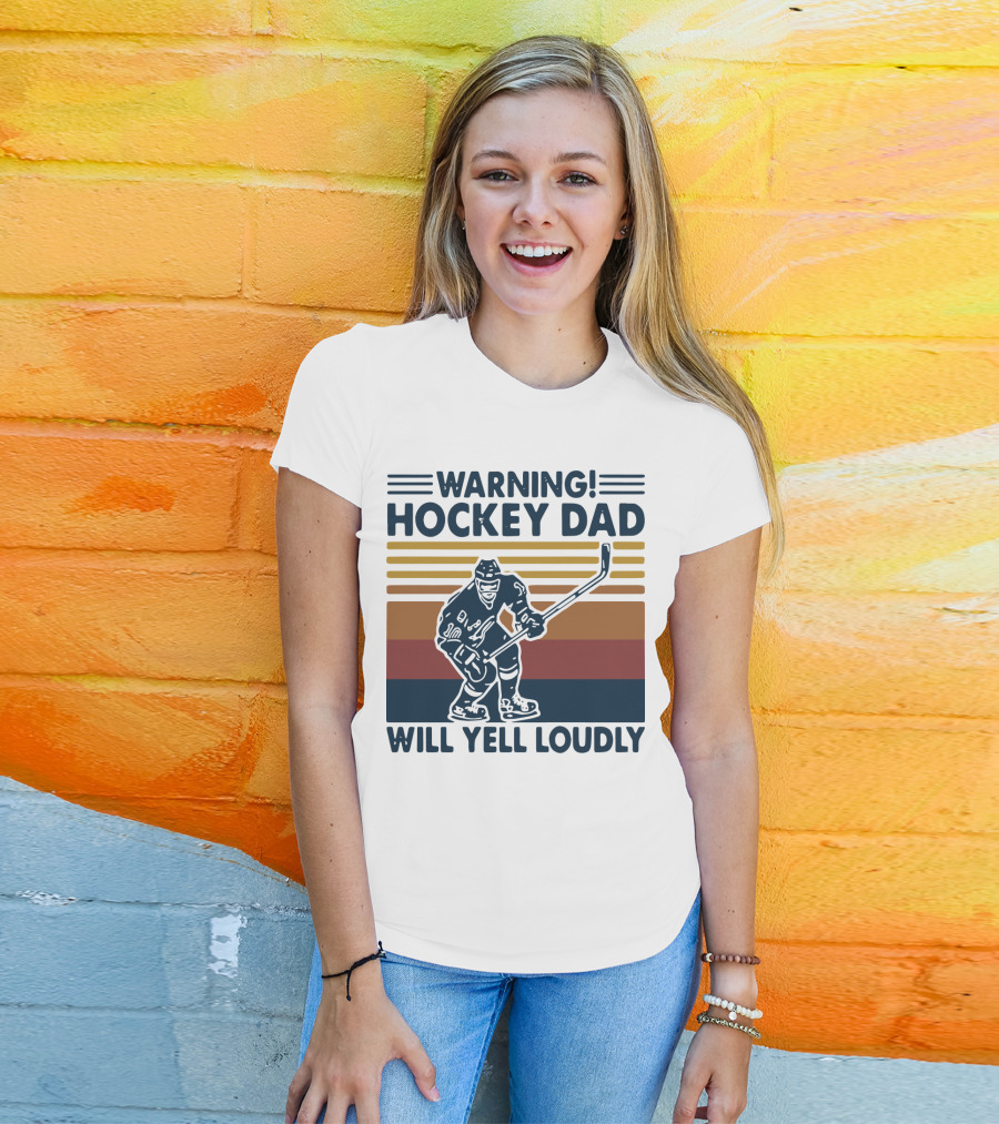 WARNING HOCKEY DAD WILL YELL LOUDLY Vintage Striped Hockey Player T-Shirt