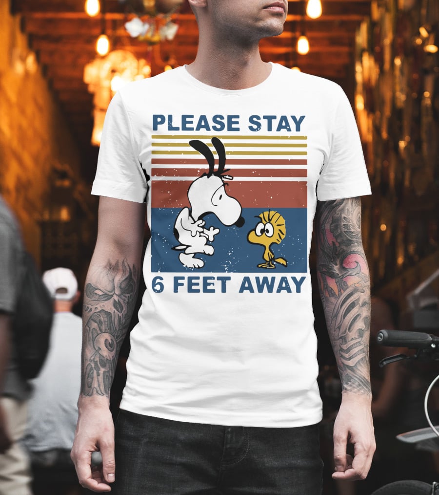 Vintage Please Stay 6 Feet Away Snoopy Woodstock Retro Stripes T-Shirt