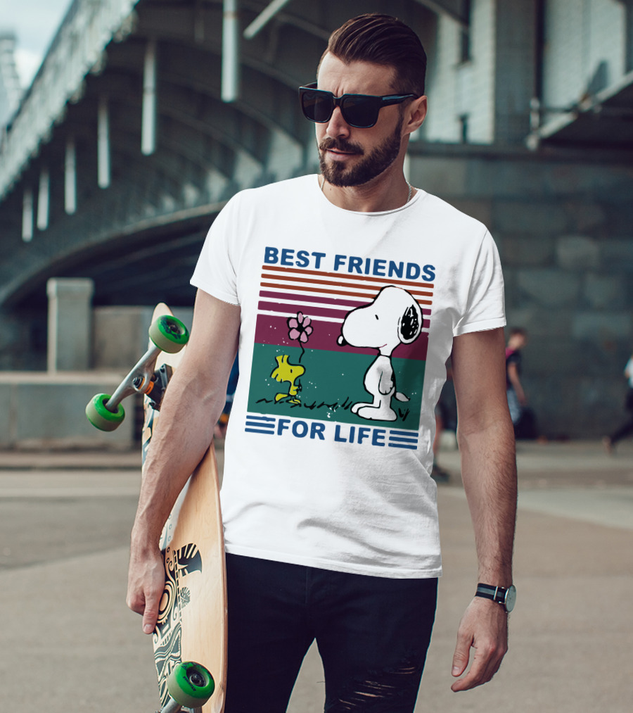 Best Friends For Life Snoopy Woodstock Vintage Retro Stripes T-Shirt