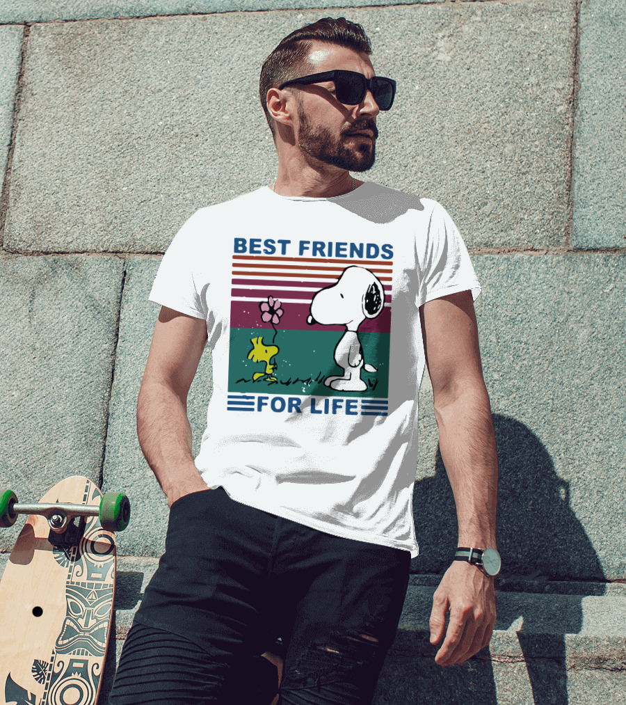 Best Friends For Life Snoopy Woodstock Vintage Retro Stripes T-Shirt