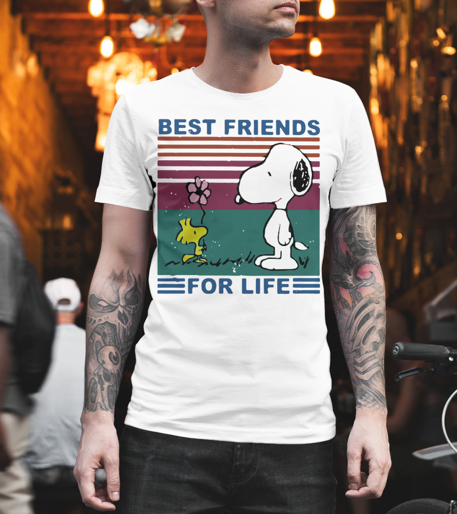 Best Friends For Life Snoopy Woodstock Vintage Retro Stripes T-Shirt
