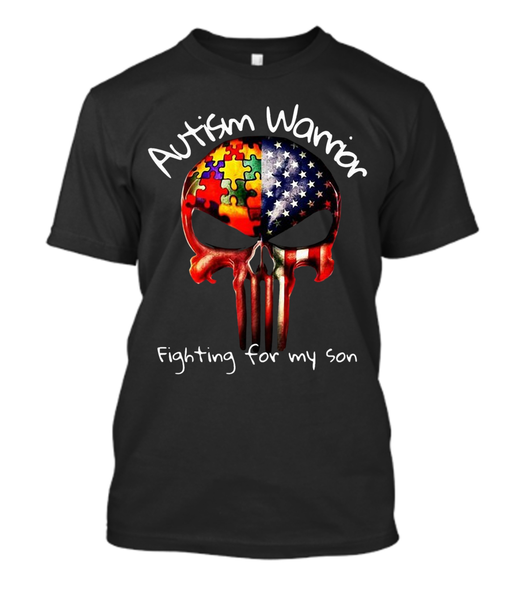 Autism Warrior Skull American Flag Puzzle Fighting For My Son T-Shirt