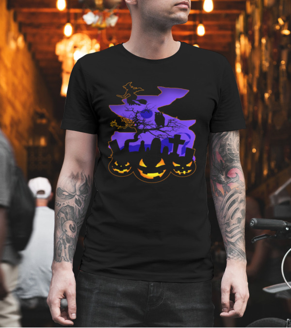 Halloween Purple Witch Flight Over Pumpkin Graveyard T-Shirt Halloween Purple Witch Flight Over Pumpkin Graveyard T-Shirt