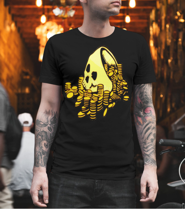 Skull Surrounded by Piles of Gold Coins T-Shirt Skull Surrounded by Piles of Gold Coins T-Shirt