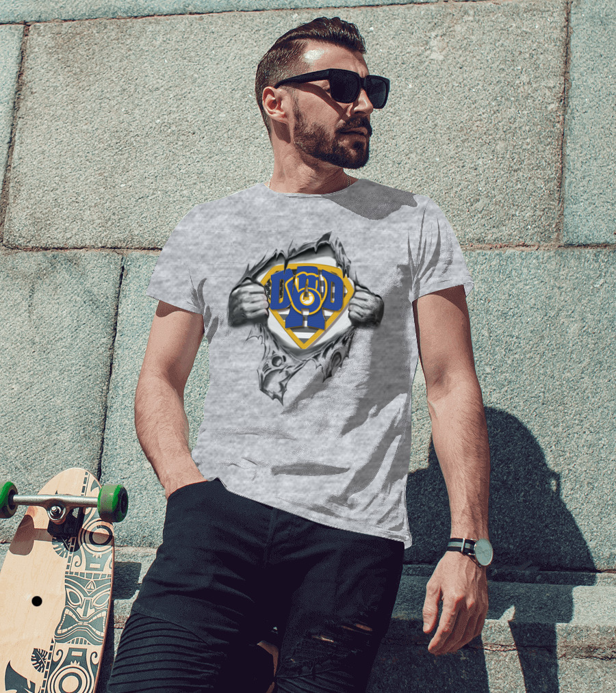 SUPERDAD Milwaukee Brewers Logo Chest Rip T-Shirt